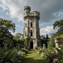 An abandoned wizard's tower in an overgrown garden.