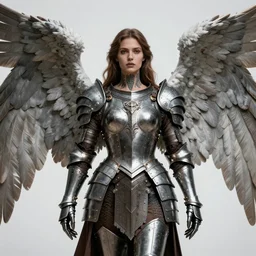 half-Body portrait of Angel-Woman with full body armour, big wings, religious tattoos on her neck, art by Artgerm and Paul Andrew Jones, high Fantasy,D&D, aesthetic, sharp focus