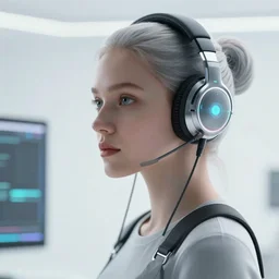 a futuristic woman with headphones on, cyberpunk art by Ilya Kuvshinov, trending on cgsociety, computer art, ilya kuvshinov, artstation hd, artstation hq