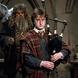 a realistic 1 7 th century portrait of harry potter, a man with scottish features and exceptionally large bagpipes wearing quilts and wielding a wand. very pale, with a large pointy nose. hagrid in the background and hedwig on his shoulder
