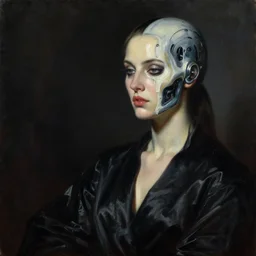 hyperrealism mixed with classicism, oil painting, close - up portrait of fashion model looking at close - up melting cyborg face, fully clothes in black reflect robe, complete darkness, in style of classicism mixed with 8 0 s sci - fi hyperrealism
