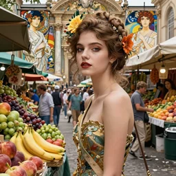 a masterpiece ultrarealistic ultradetailed portrait of beautiful love girl on fruits street market. incredible background. baroque renaissance. medium shot, intricate, elegant, by stanley artgerm lau, wlop, alphonse mucha, rossdraws, andrei riabovitchev, yoshitaka amano. flower background my james jeand and takashi murakami.