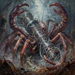 oil painting nightmare staring horrific yaw whipping epic wire & chrome hadron collider fused crustacean miles wide, necrotized & rusted in abandoned plague world, cinematic, fine art, by boris vallejo, shigeru komatsuzaki