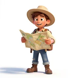 jovial explorer with map, stylized pixar-style 3d render, full body, standing, isolated on a pure white background, centered, whole figure in frame, sharp focus, studio lighting
