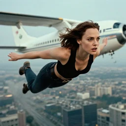 gal gadot flying next to a plane in american psycho ( 1 9 9 9 )