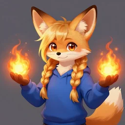 furaffinity furry art of a fennec fox character with long braided blond hair and holding fireballs in his hands and wearing a blue sweatshirt, digital painting, detailed, cute, big intelligent eyes