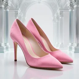 pink suede pumps shoes with slim heels and pointed toes designed by neri oxman and tinker hatfield, photorealistic, transluscent, glass, beautiful, architecture, product design, clean, highly detailed, octane render, 8 k, unreal engine, ornate detail