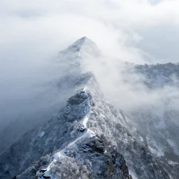 taking from above, snowcapped mountain with lots of fog, high detail, photorealistic, good lighting, unbelievable.