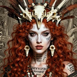 a fierce looking beautiful young woman with curly red hair and symmetrical white makeup, wearing an intricate headdress made from bones and leather, wearing large earrings made from white bones, black words written on skin, hyperdetailed illustration by irakli nadar and alexandre ferra, intricate linework, in the style of a national geographic portrait, unreal engine 5 highly rendered, global illumination, radiant light, detailed and intricate environment
