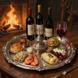 one ornate silver platter overflowing with food, wine, on a wooden table, firelight warm lighting, fantasy, intricate, elegant, highly detailed, digital painting, still life, wine, artstation, concept art, matte, sharp focus, illustration, intricate, highly detailed, digital painting, trompe - l'œil, volumetric light, artstation, concept art, smooth, sharp focus, illustration, art by gil elvgren and greg rutkowski and willem kalf and jan philip van thielen
