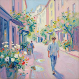acrylic painting, impressionism and expressionism, strong emotional impact, bold pastel colors, expressive brushstrokes, puddles, overall sense of movement in the composition. an art deco streetscape lined with beautiful flowers, by liam wong and tyler edlin, trending on artstation