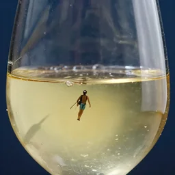 a tiny diver diving in a huge glass filled with white wine by salvador dali
