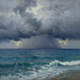 a beautiful seascape by adrienne pavelka, big stormy sky, oil painting