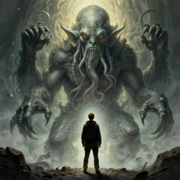 human looking at big monstrosity portrait of cthulhu, hyperdetailed, artstation, cgsociety, by greg rutkowski, by gustave dore