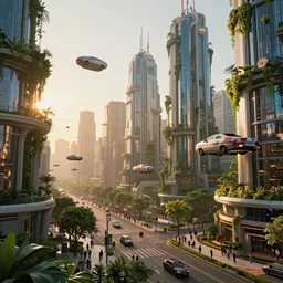 Sunrise over solarpunk city, many trees and plants, archdaily, photorealistic, many flying cars, busy streets filled with pedestrians, sun rays, vines, vertical gardens, utopia, unreal engine 5, beautiful glass and steel architecture, extreme detail, futuristic