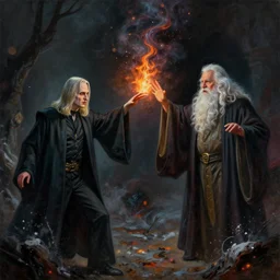 a beautiful painting of voldemort casting spells at dumbledore, by greg rutkowski featured on artstation, dark spell, magic vfx, particles, depth of field, bokeh, black smoke, sparks, fire, water spell, snow, scorched earth