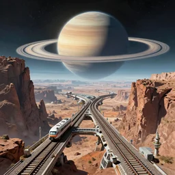 a retro futurism elevated railway in a space colony on a massive scale canyons planet, ringed planet on the horizon by robert mccall and john berkey | ralph mcquarrie :. 7 | unreal engine :. 5