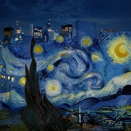 a modern city skyline at night stylized as van gogh