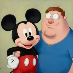 portrait of mickey mouse and family guy's brian griffin, oil on canvas