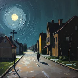 walking home at night through the empty streets of a small town, 8 k, impasto paint, oil on canvas, muted colours, full moon shining,