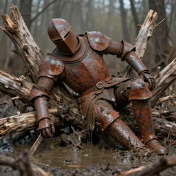 a rusted swamp knight contorted with wood and sludge by tomasz alen kopera.