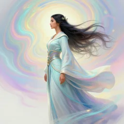 side profile, maya ali, wind wizard, warcraft, robes, elegant, highly detailed, concept art, smooth, colorful swirly magical ripples, pastel colors, by huang guangjian, sachin teng, greg rutkowski, jesper ejsing, ilya kuvshinov, artgerm, mucha