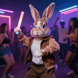 A bunny rabbit wearing glasses and a rose gold Rolex watch, dancing at a rave dressed fashionably with glow sticks. Background is filled with neon lights and many people dancing around him. Ultra-realistic. 4K.