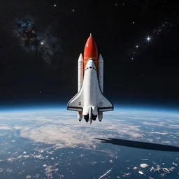 Above the shattered time and space shuttle, a small red space spaceship floating above the planet surface, a planet shrouded in stars and nebula explosions, space star