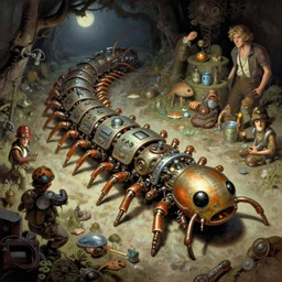 highly detailed wide - angle portrait of a retro mechanical centipede, nicoletta ceccoli, mark ryden, lostfish, earl nore, hyung tae, frank frazetta, global illumination, detailed and intricate environment