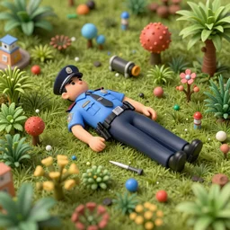 tiny realistic detailed police officer lying down in the middle of a stunning intriguing dense 3 d rendering, composed of tiny colorful details and plants, hyperdetailed, contemporary masterpiece, microworld, deep focus, striking