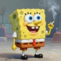 SpongeBob SquarePants, realistic and ultra intricate detailed soft painting, volumetric lighting, mist, cityscape background, Artstation, Tom Bagshaw Yasushi Nirasawa Moebius artstyle, unreal render, depth of field smoking a cigarette, wearing sunglasses,