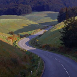 a road weaving through rolling hills from the edge of a forest. perspective landscape. strong shadows. deep colorful soft gradients, and translucence. by norman rockwell and eyvind earle