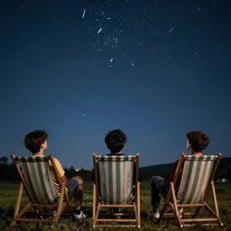 3 teens lying in sunchairs watching the stars at night, falling stars, professional photography, low angle camera, depth of field, focus