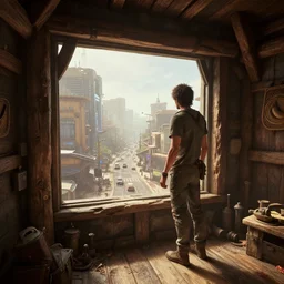 dry arid delicious view from standing inside the interior dingy wooden fort tower room window looking out at the bustling cyberpunk city streets below atmospheric unreal engine hyperreallistic render 8 k concept art masterpiece screenshot from the video game borderlands 2 global illumination