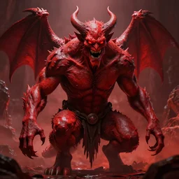a huge red demon in the hell. digitalart. artstation. unreal 5. unreal engine. award winning. high detail. hyper realistic. highly detailed.