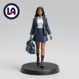 80mm resin detailed miniature of a female, olive skin, school uniform, long black hair, school bag, on textured disc base, Company logo in upper left corner; Miniature product Photo, 4K, Full body