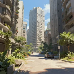 hyperdetailed digital paint by mike winkelmann, brutalist city. pedestrian view. plants. sunny day.