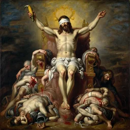 jesus christ gripping cornucopia!!!! wearing blindfold!!!!!!! sitting on a huge!!!! throne of entwined bodies, blood, viscera, corpses piled, horrific, elegant!!!, ominous, highly detailed painting by goya!!! phil hale!! gaston bussiere, craig mullins, j. c. leyendecker, 8 k, visible brush strokes, paint texture