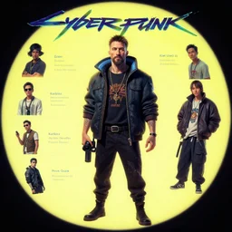 Cyberpunk Tom Waits design, character sheet, Kim Jung Gi, Greg Rutkowski, Zabrocki, Karlkka, Jayison Devadas, Phuoc Quan, trending on Artstation, 8K, ultra wide angle, zenith view, pincushion lens effect