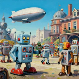 roy lichtenstein painting of 1 9 5 0 s scifi, tin toy robots, airship, sky, summer, victorian london, steampunk, walter sickert, earl norem, depth of field, hyperrealistic, octane render detailed and intricate environment