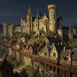 an ancient medieval cityscape with ornate stone architecture at night by rodney matthews, michael whelan and michael kaluta, extremely hyperdetailed, intricate, wooden ramparts, cottages, castles