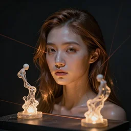 tilt shift, sculptures, lasers, glowing, skin, hair, ultra detailed