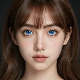 young adult woman face with small blue eyes big brown browns long lashes high cheekbones and sharp jawline small plump lips straight nose white skin long bangs brown hair