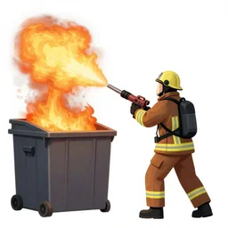 a firefighter using a flamethrower on a dumpster fire