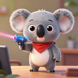 “ one cute koala with very big eyes, wearing a bandana and chain, holding a laser gun, standing on a desk, digital art, award winning, in the style of the movie zootopia ”