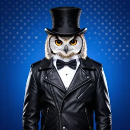 one owl wearing black biker jacket, portrait photo, backlit, kobalt blue polka dots background, studio photo, suit, bow tie, tophat, tophat