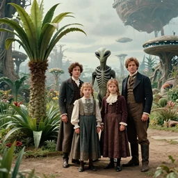 sharp, highly detailed, 435456k film, 1612800mm film still from a sci fi blockbuster color movie made in 2019, set in 1860, of a family standing next to an alien plant, their pet humanoid alien is standing behind them, in an alien park, on an alien planet, the family are all wearing 1860s era clothes, good lighting, good photography, ultra high definition, in focus