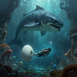An diver is under the sea, he has a big egg with him, he is swimming away from the giant Ryūjin that is behind hunting him, the Ryūjin is evil, this is an extravagant planet with wacky wildlife and some mythical animals, the background is full of ancient ruins, the ambient is dark with a terrifying atmosphere, by Jordan Grimmer digital art, trending on Artstation,