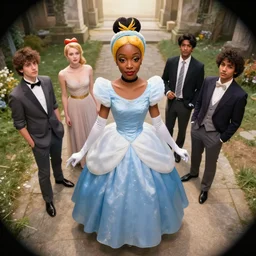 if cinderella was black, greg rutkowski, zabrocki, karlkka, jayison devadas, trending on artstation, 8 k, ultra wide angle, zenith view, pincushion lens effect