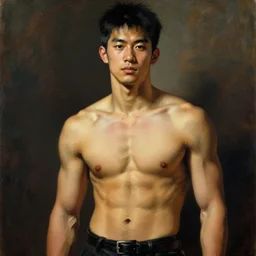 young handsome asian male portrait dnd, muscle, painting by gaston bussiere, craig mullins, greg rutkowski, yoji shinkawa